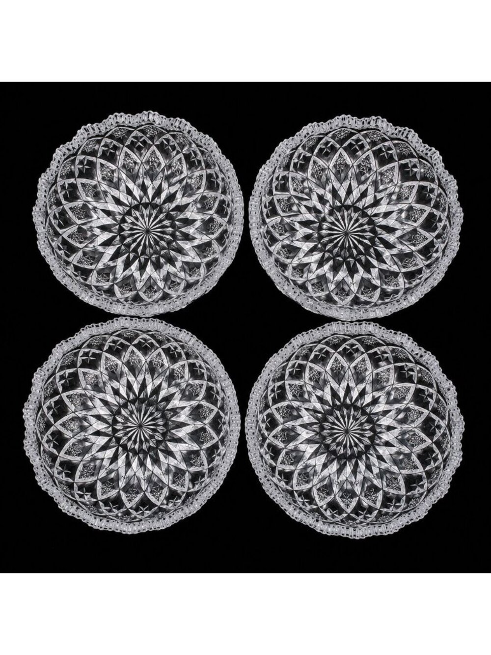 Set of 4 Kagami Japan Crystal Bowls 6" Diamond Cut Lotus Scalloped Vintage